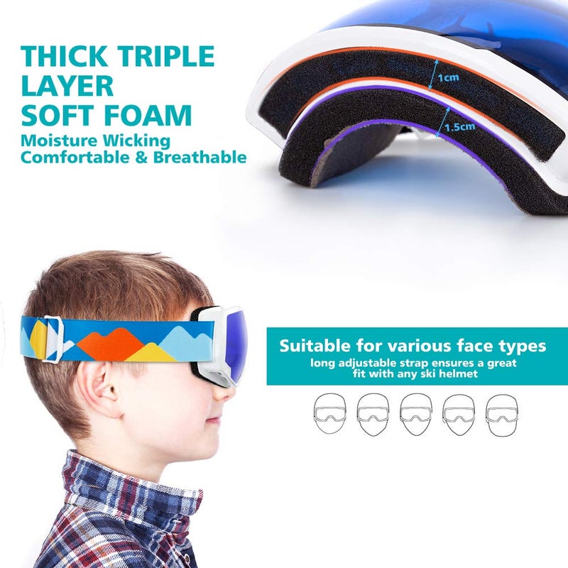 OutdoorMaster نظارات تزلج للأطفال من OutdoorMaster، نظارات تزلج على الثلج - نظارات ثلج للأطفال والشباب مع حماية 100% من الأشعة فوق البنفسجية وعدسة كروية مضادة للضباب - يوم زرقاء - Image 4